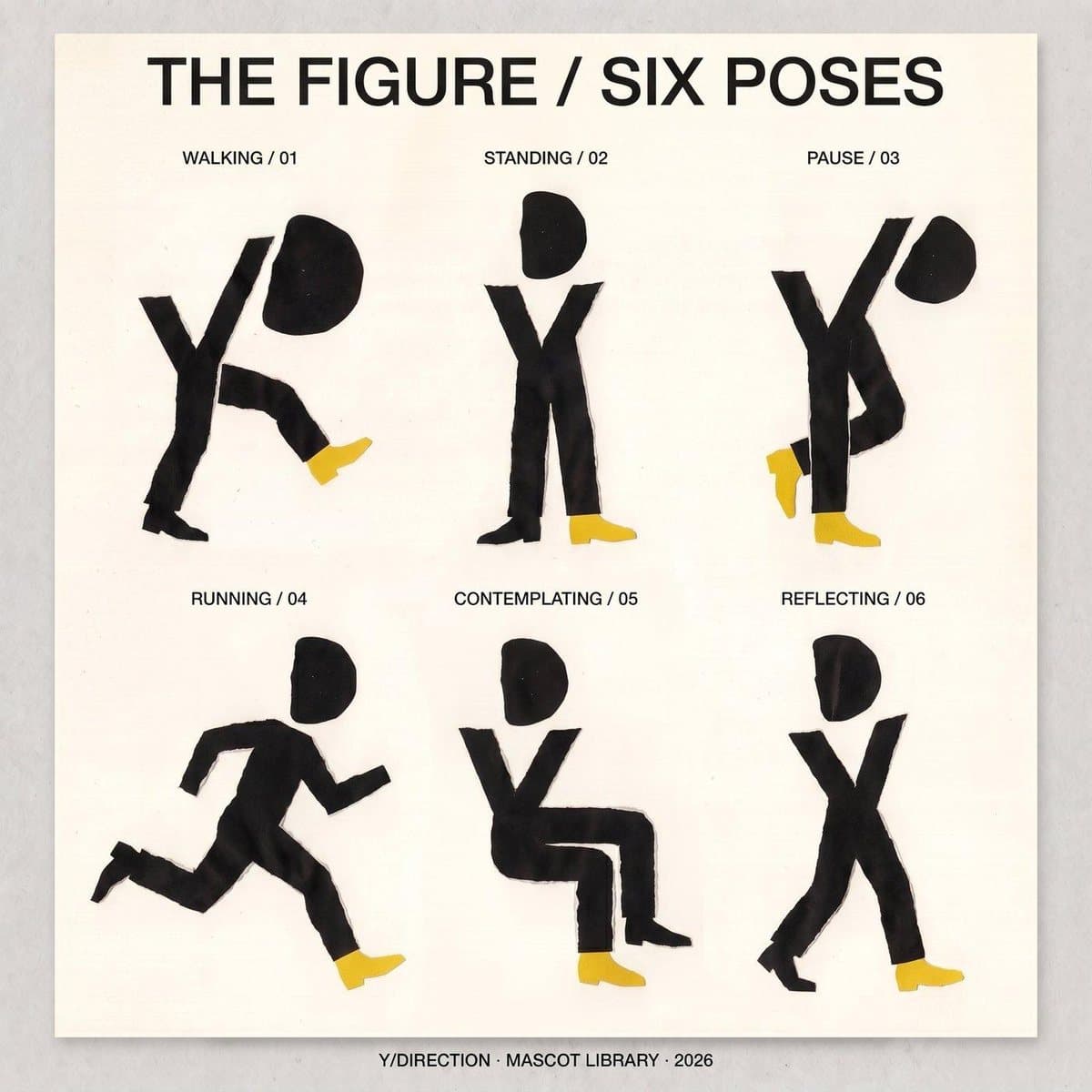 The Y/DIRECTION walking figure in six hand-cut poses — the studio's own brand identity.