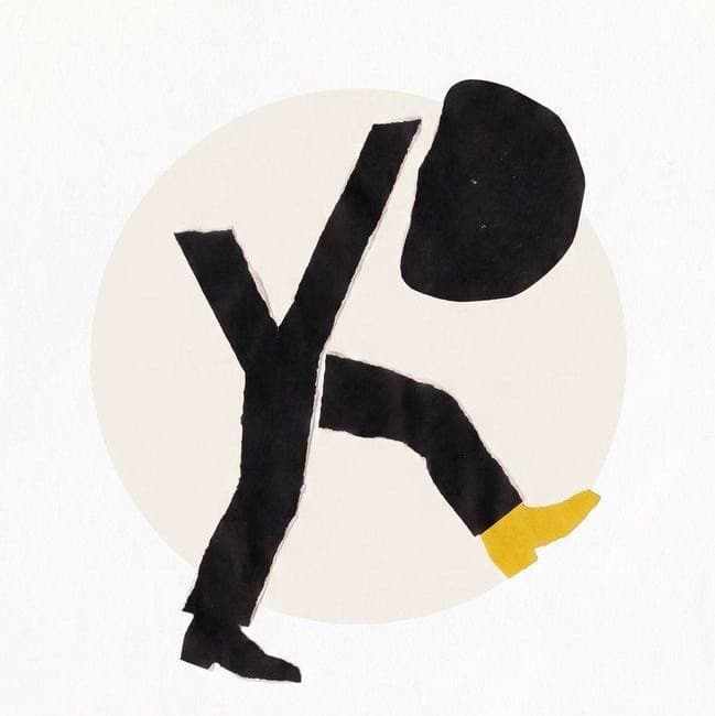 The Y/DIRECTION walking figure — hand-cut paper, Y for legs, D for head, one yellow boot — inside a cream seal.